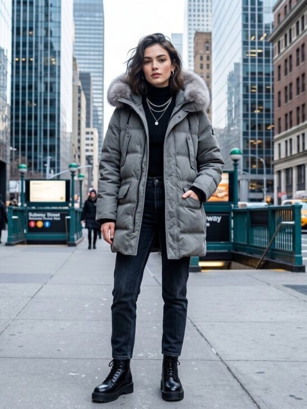 Andrew Marc, New York down coat gray with fox fur removable collar size small